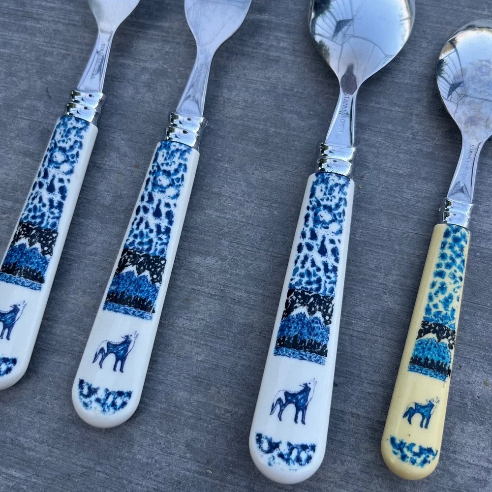 Tienshan Mixed Wildlife Flatware Lot Stainless Steel Wolf Moose Cabin Lodge 14pc